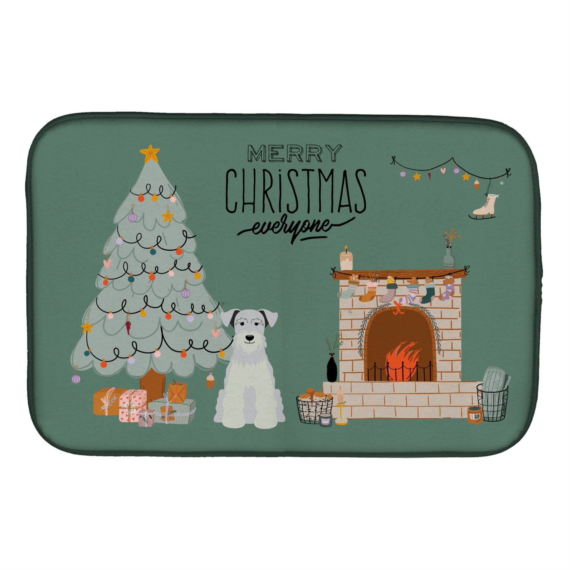 White Miniature Schnauzer Christmas Everyone Dish Drying Mat